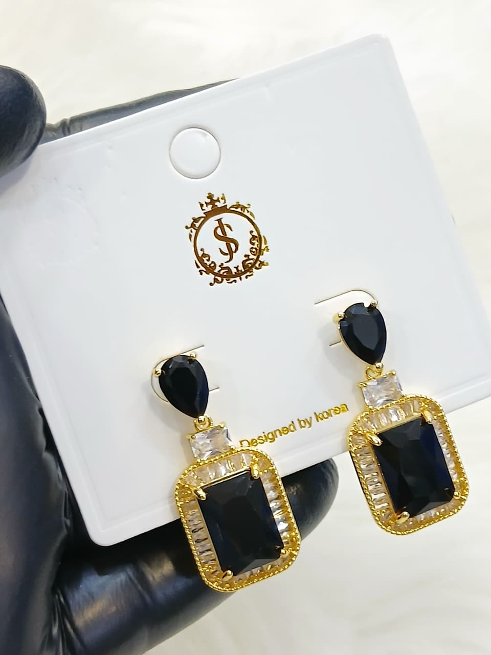 Black Stone Rectangle Drop Earrings