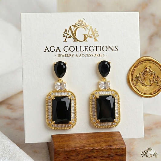 Black Stone Rectangle Drop Earrings